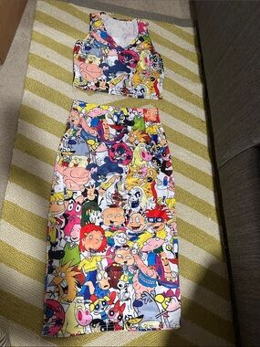 Colorful 90s and 2000s Y2K cartoon Two-Piece Crop Top and Midi Skirt Set